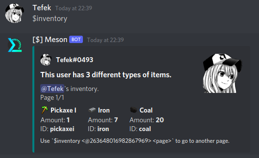The $inventory command displaying your owned items